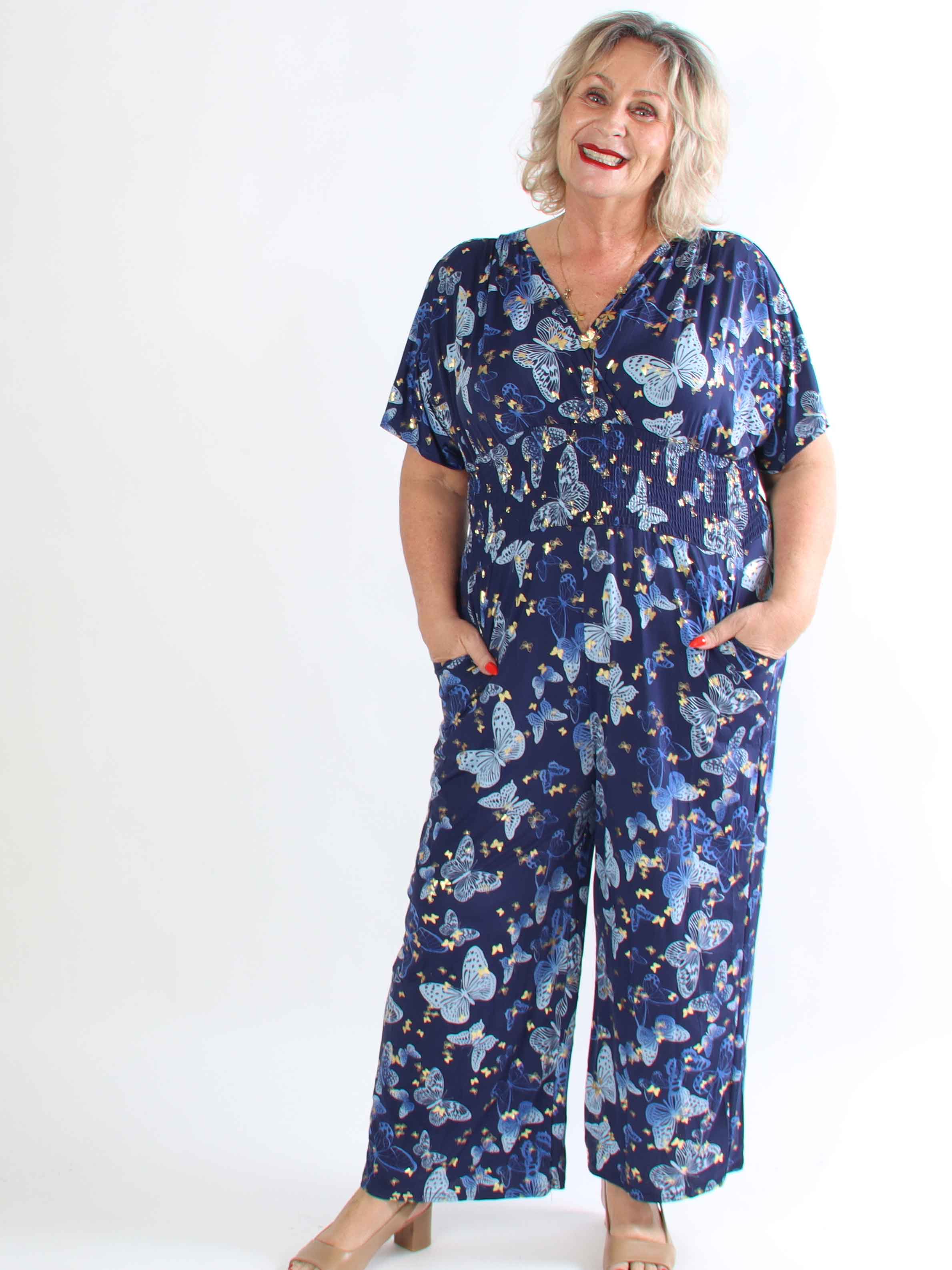Pams Butterfly Jumpsuit - Elastisk plus size buksedragt i sommerfugleprint